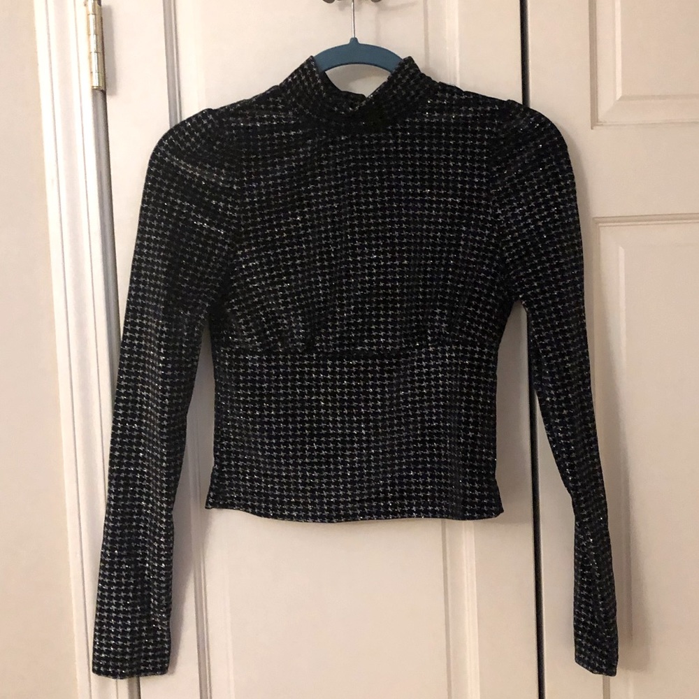 SHEIN Metallic Houndstooth Long-Sleeve Crop Top